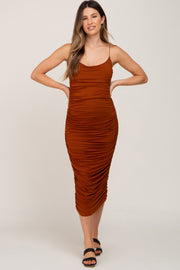 Brown Ruched Fitted Maternity Maxi Dress