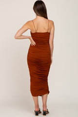 Brown Ruched Fitted Maternity Maxi Dress