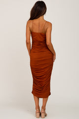 Brown Ruched Fitted Maxi Dress