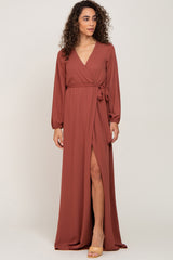 Rust Wrap Front Chiffon Gown