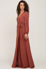 Rust Wrap Front Chiffon Gown