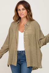 Olive Sheer Button Up Hi-Lo Top