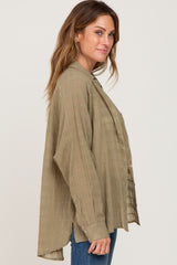 Olive Sheer Button Up Hi-Lo Top