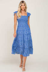 Blue Floral Smocked Tiered Midi Dress