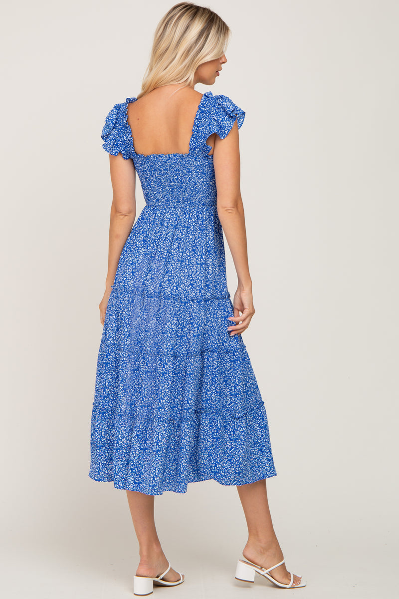 Blue Floral Smocked Tiered Midi Dress – PinkBlush