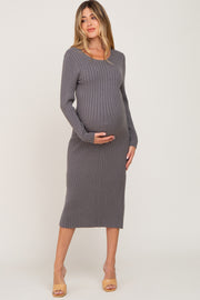 Grey Ribbed Side Slit Maternity Midi Sweater Dress