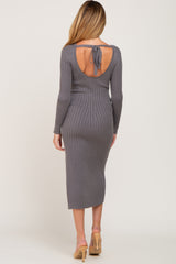 Grey Ribbed Side Slit Maternity Midi Sweater Dress