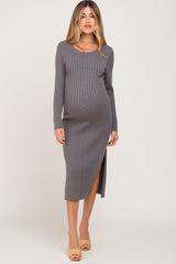 Grey Ribbed Side Slit Maternity Midi Sweater Dress