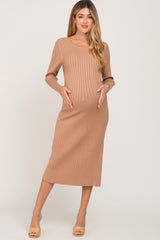 Camel Ribbed Side Slit Maternity Midi Sweater Dress