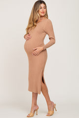 Camel Ribbed Side Slit Maternity Midi Sweater Dress