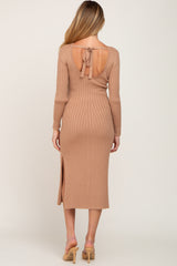 Camel Ribbed Side Slit Maternity Midi Sweater Dress