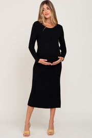 Black Ribbed Side Slit Maternity Midi Sweater Dress