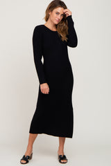 Black Ribbed Side Slit Midi Sweater Dress