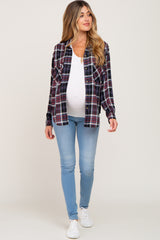 Black Plaid Button Up Long Sleeve Maternity Top