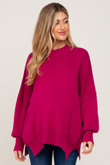 Magenta Mock Neck Side Slit Oversized Maternity Sweater