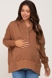 Camel Button Front Ribbed Trim Hooded Maternity Sweatshirt