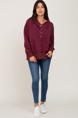 Burgundy Button Front Ribbed Trim Hooded Sweatshirt