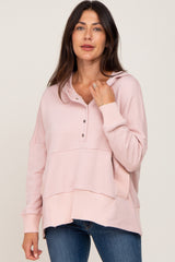 Light Pink Button Front Ribbed Trim Hooded Sweatshirt