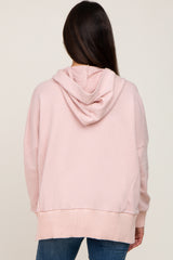 Light Pink Button Front Ribbed Trim Hooded Sweatshirt