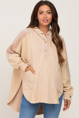 Beige Soft Mixed Knit Button Front Hooded Maternity Top