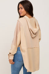 Beige Soft Mixed Knit Button Front Hooded Maternity Top