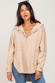 Beige Soft Mixed Knit Button Front Hooded Top