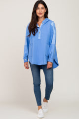 Light Blue Soft Mixed Knit Button Front Hooded Top