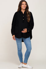 Black Soft Mixed Knit Button Front Hooded Maternity Top