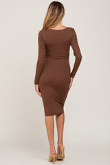 Brown Ribbed Front Drawstring Maternity Midi Dress