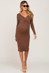 Brown Ribbed Front Drawstring Maternity Midi Dress