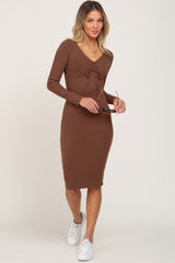 Brown Ribbed Front Drawstring Maternity Midi Dress