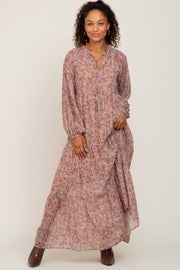 Taupe Floral Tiered Chiffon Maxi Dress