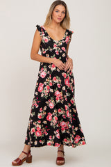 Black Floral Flutter Sleeve Maxi Dress