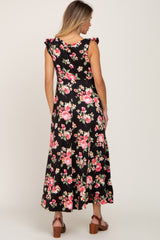 Black Floral Flutter Sleeve Maxi Dress