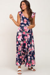 Navy Floral Flutter Sleeve Maternity Maxi Dress