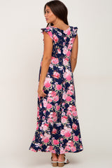 Navy Floral Flutter Sleeve Maternity Maxi Dress