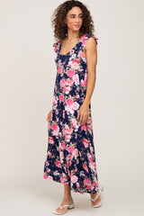 Navy Floral Flutter Sleeve Maxi Dress