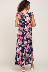 Navy Floral Flutter Sleeve Maxi Dress