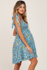 Blue Floral Shoulder Tie Maternity Dress