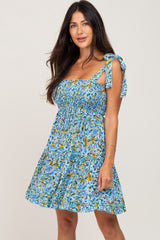 Blue Floral Shoulder Tie Maternity Dress