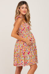 Magenta Floral Shoulder Tie Maternity Dress