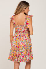 Magenta Floral Shoulder Tie Maternity Dress