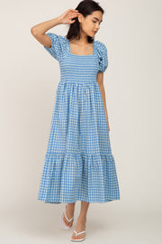 Blue Gingham Smocked Midi Dress