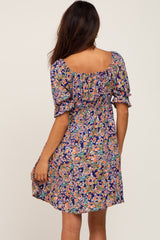 Navy Floral Cinched Short Sleeve Dress