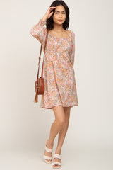 Taupe Floral Bubble Sleeve Dress