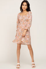 Taupe Floral Bubble Sleeve Dress