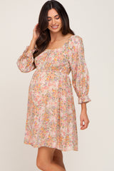 Taupe Floral Bubble Sleeve Maternity Dress