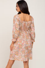 Taupe Floral Bubble Sleeve Maternity Dress