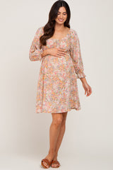 Taupe Floral Bubble Sleeve Maternity Dress