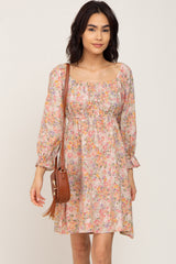 Taupe Floral Bubble Sleeve Maternity Dress